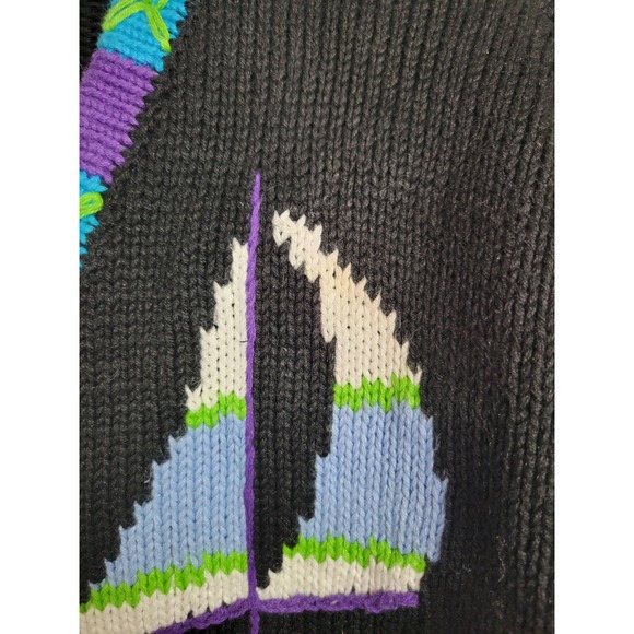 Storybook Knits Vintage Travel Cardigan Medium Black Suitcase Globe Sailboat - Picture 9 of 13